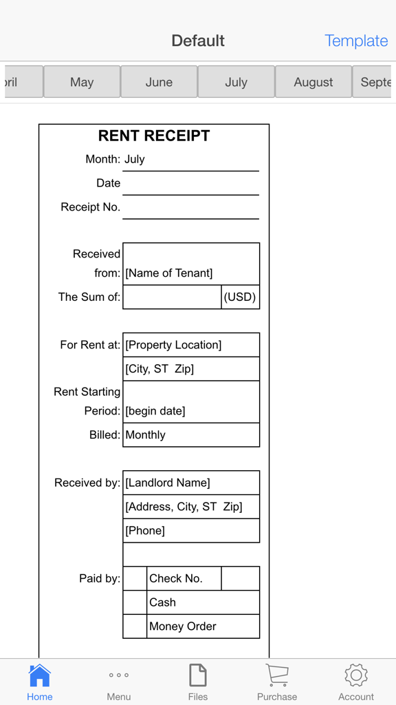 Blank monthly rent receipt form template on a mobile application