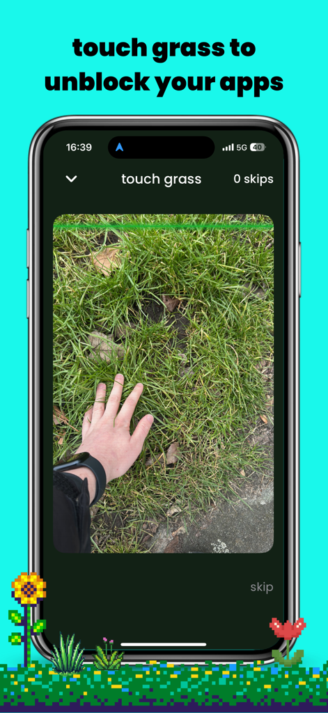 touch grass: screen time limit - A hand touching real grass to unblock mobile apps on a smartphone screen