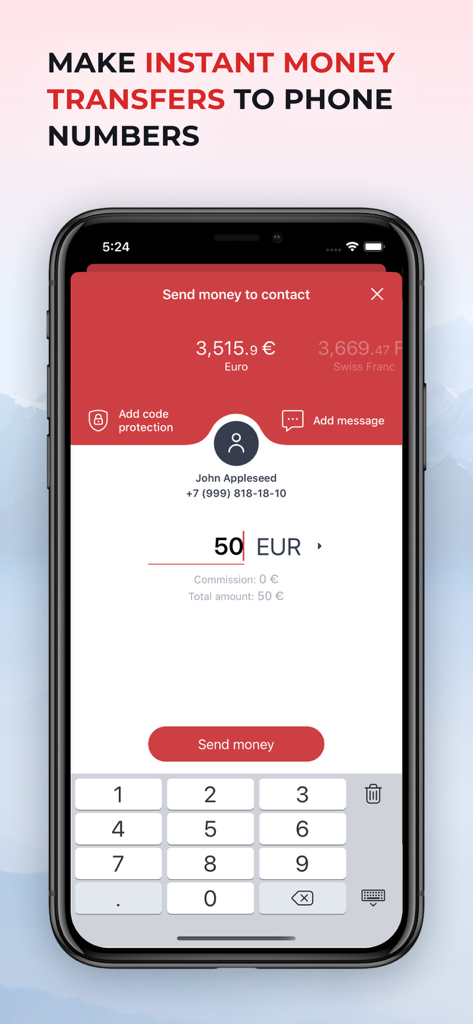 Dukascopy – Swiss Mobile Bank - Instant money transfer screen on the Dukascopy Swiss Mobile Bank app