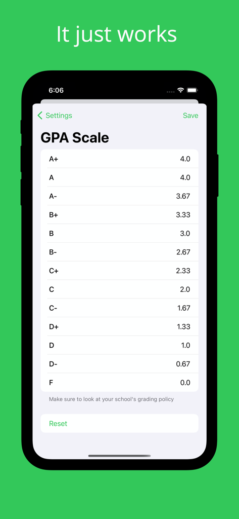Pantalla de configuración de la escala de GPA en la aplicación Grade Control en un iPhone