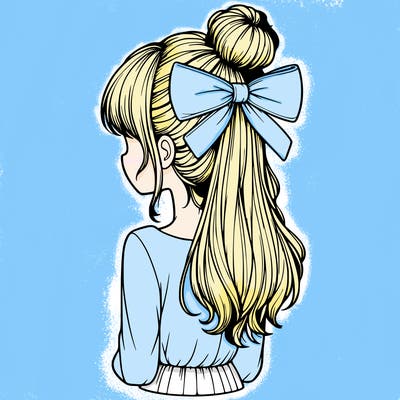 realistic girl  with hip length hair a bun and a big bow on the back of head