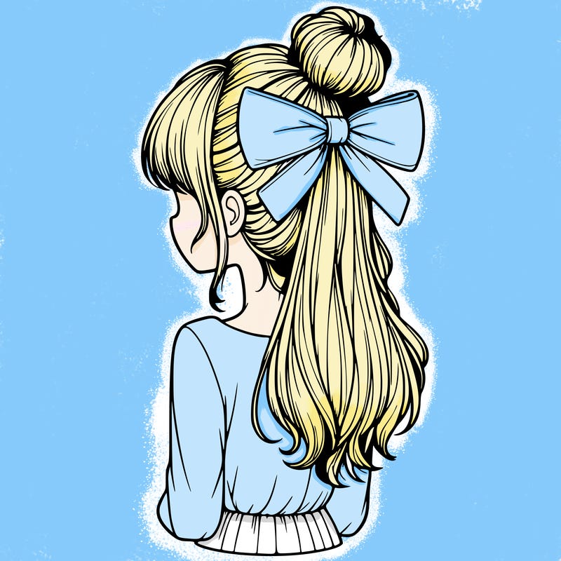 realistic girl  with hip length hair a bun and a big bow on the back of head