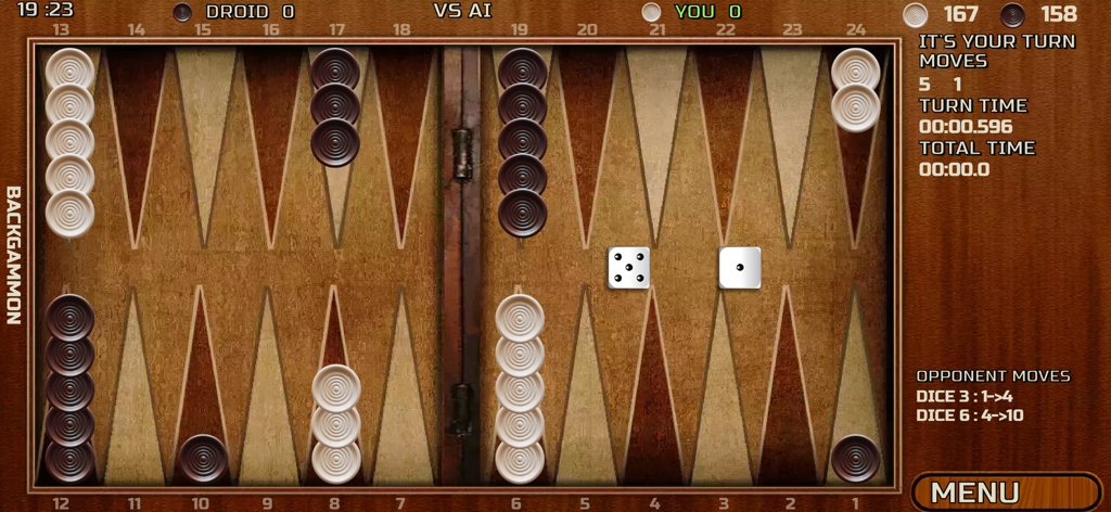 Backgammon 18 Online & Offline - A digital backgammon board during a match against an AI opponent with dice and checkers visible