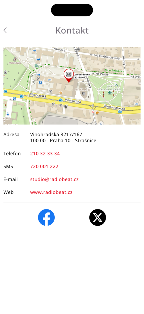Radio Beat - Página de contato do aplicativo Radio Beat com um mapa da localização do estúdio e informações de contato