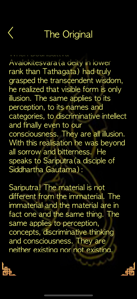 Buddha - Magic Prayer Wheel ! - A screen from the Buddha app displaying traditional Buddhist sutra text and philosophical wisdom.