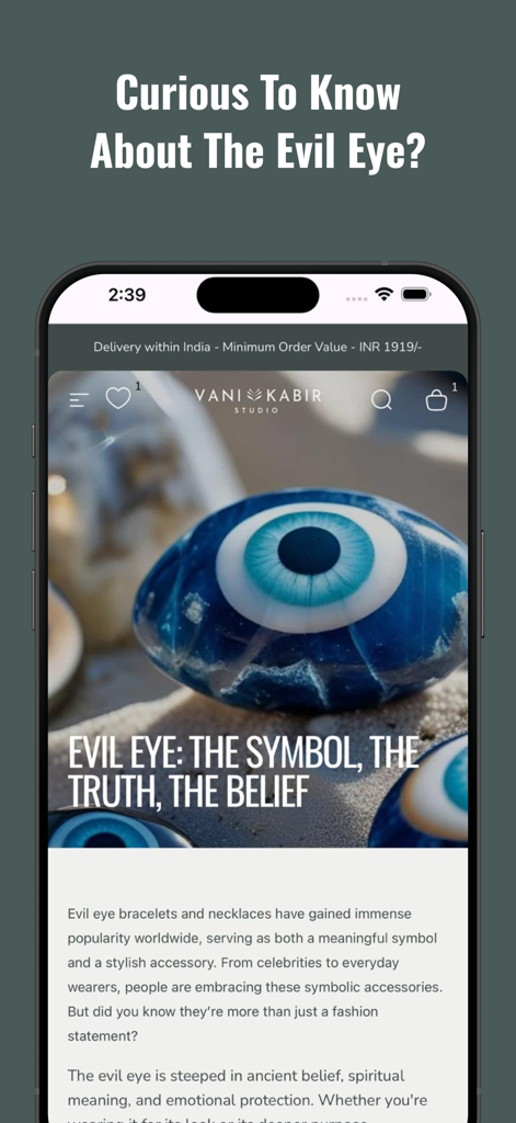 VANI KABIR STUDIO - A screen from the Vani Kabir Studio app explaining the spiritual meaning and history of the evil eye symbol.