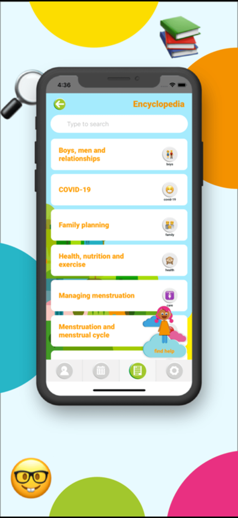 Oky Period Tracker - Oky app encyclopedia page displaying educational health and menstruation topics for girls.