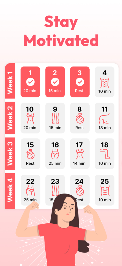 SheFit: Home Workout for Women - SheFit 28 day home workout challenge plan for women showing progress and a motivated character