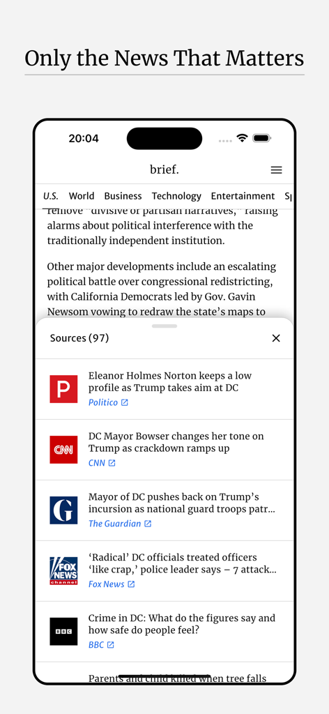 Brief: Daily News Summary - Brief app interface showing a list of diverse news sources including CNN Fox News and BBC for a single news story