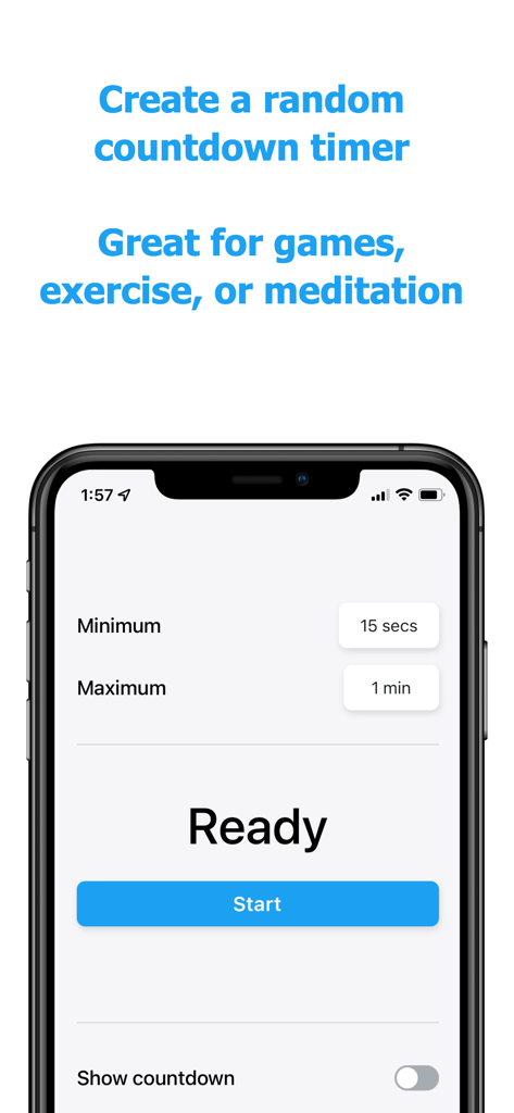 Interfaz de usuario de la aplicación Generador de Temporizador Aleatorio mostrando la configuración para un rango de cuenta regresiva aleatoria