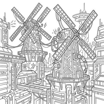 Discover iconic Dutch windmills reimagined in a vibrant cyberpunk style. This detailed coloring page invites you to bring a futuristic cityscape to life with your favorite colors.