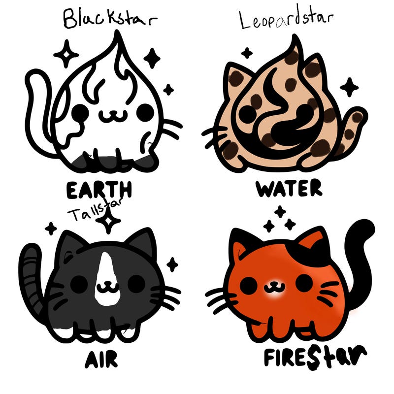 4 cats that represent the different elements, earth, water, air, and fire