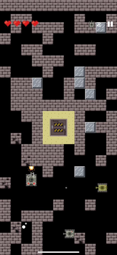 Tank - Armored Warfare - Uma cena de batalha de tanques em pixel art de cima para baixo com paredes de tijolos e corações de vida