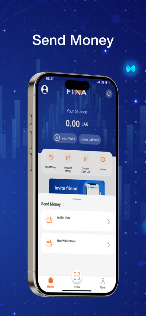 FINA App - FINA app mobile screen showing the Send Money feature with options for wallet and non-wallet users