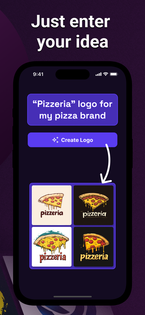 AI Logo Maker: LogoAI - Interface do aplicativo LogoAI mostrando um prompt de texto para o logo de uma pizzaria e quatro ícones de marca de pizza gerados.