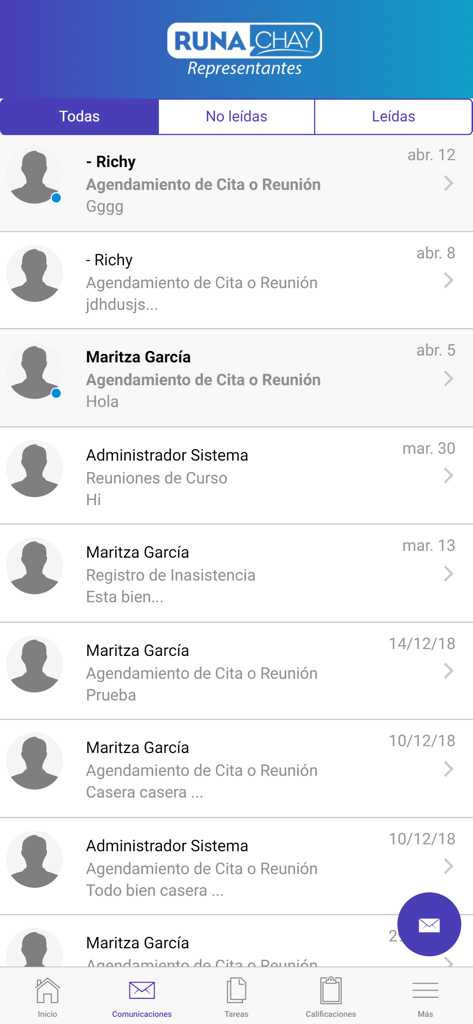 Runachay - Runachay app communication screen for parents displaying school messages and appointment notifications