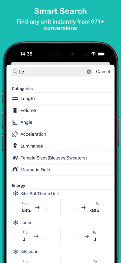 Measures Unit Converter - Smart search feature in Measures Unit Converter app showing unit categories like length volume and energy