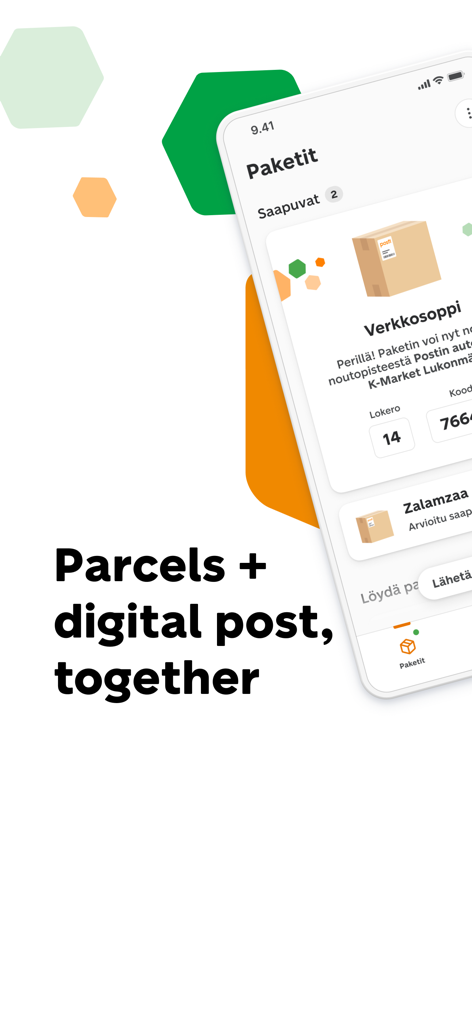 OmaPosti - Smartphone screen showing the OmaPosti app tracking incoming packages and digital mail