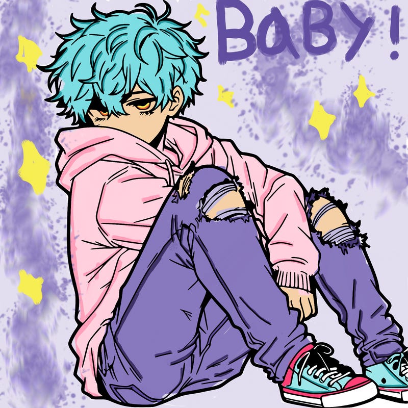 a male hoddie ripped jeans messy hair anime