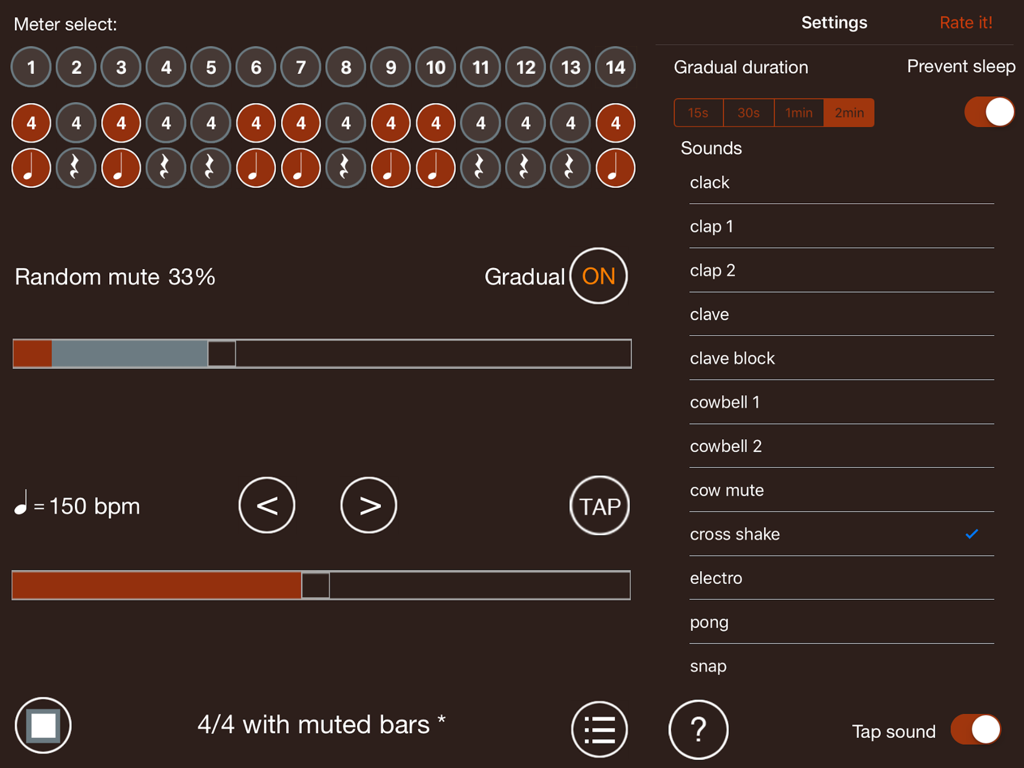 Interfaccia dell'app Time Guru Metronome per iPad che mostra la selezione del tempo, il muting casuale e le impostazioni della velocità