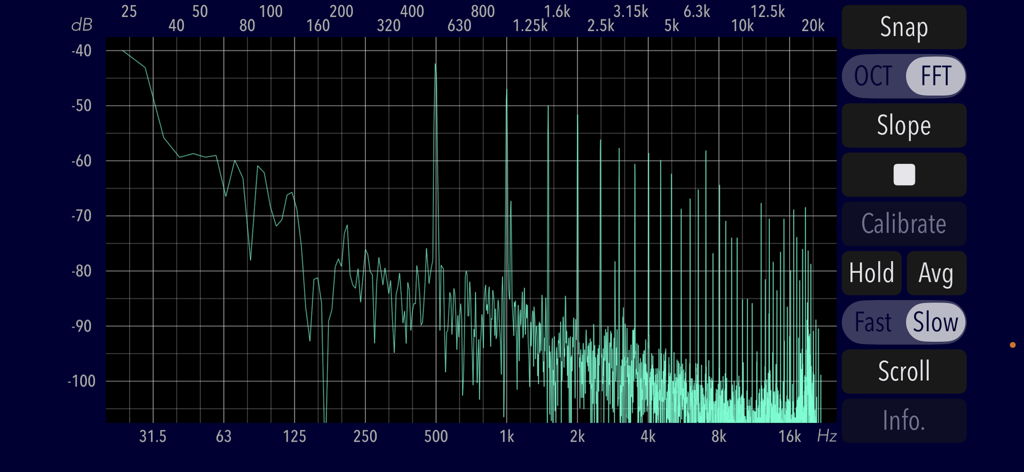 Audio Frequency Analyzer - Real-time FFT audio frequency spectrum graph showing decibel levels across the 20Hz to 20kHz range