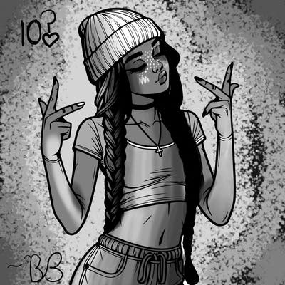 realistic teenage girl with braids and a beanie and crop top doing 🫶🏼