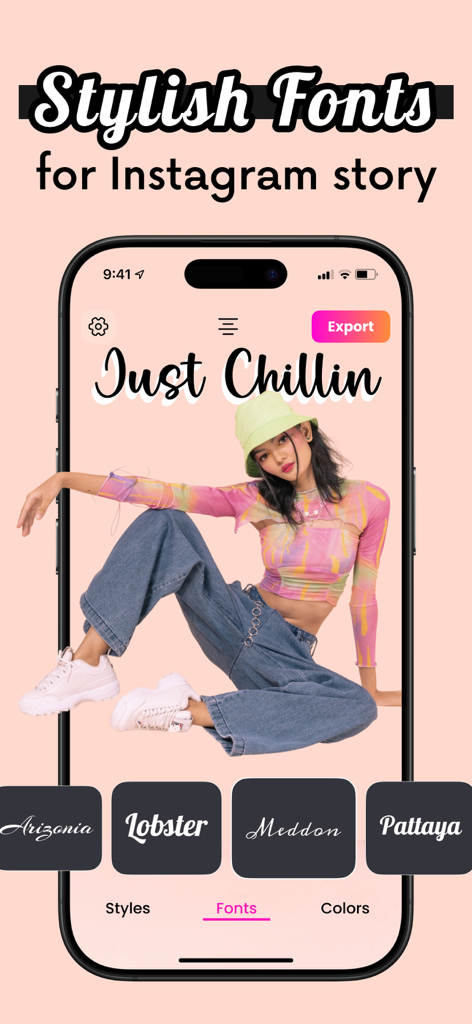Fontini: fonts for ig story - Oberfläche der Fontini-App, die eine stilvolle Skriptschrift über einem Lifestyle-Foto für ein Instagram-Story-Design zeigt