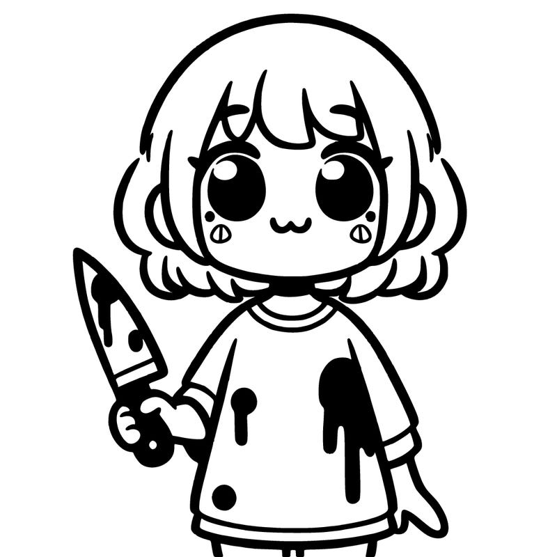 cute girl holding a knife and and blood on her