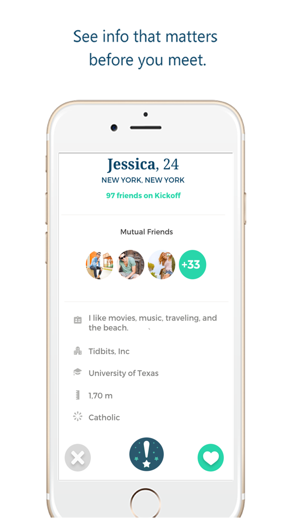 상호 친구와 개인 정보가 포함된 킥오프의 데이팅 프로필을 보여주는 모바일 화면