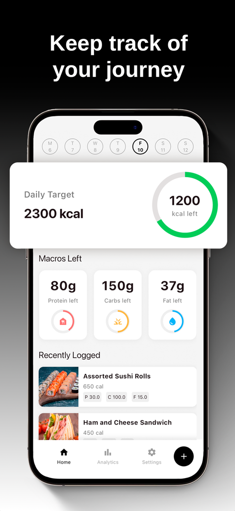 Interface of the Easy Calorie AI app displaying daily calorie goals macro tracking and recently logged meals