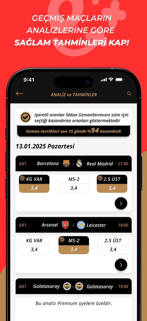 Fanatik: Breaking Sport News - Eine mobile Benutzeroberfläche mit Fußballspielanalysen und Wettvorhersagen in der Fanatik-App.