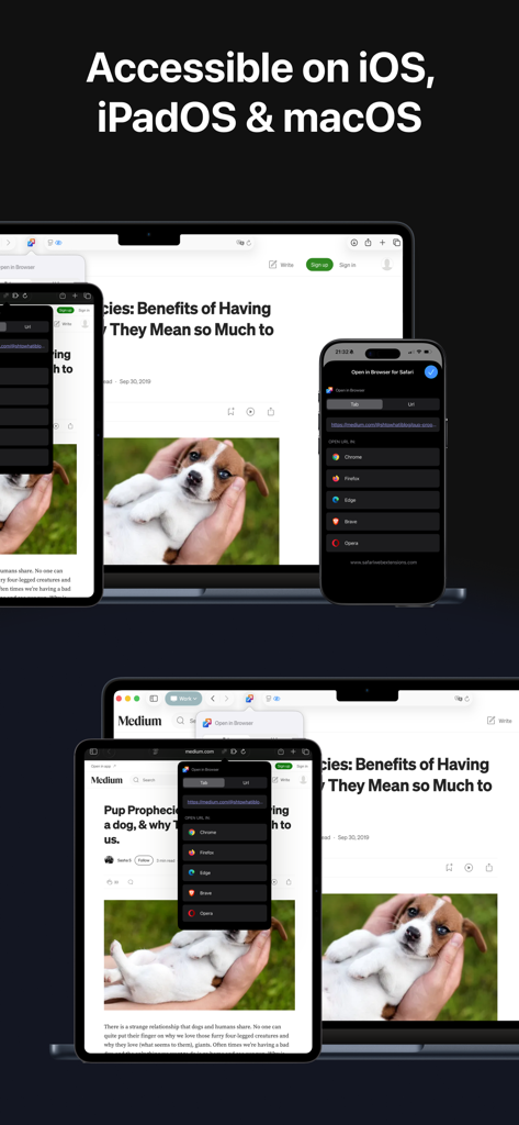 Open in Browser for Safari - Interfaz de la aplicación Abrir en Navegador para Safari mostrada en iPhone, iPad y Mac, mostrando el menú de selección de navegador