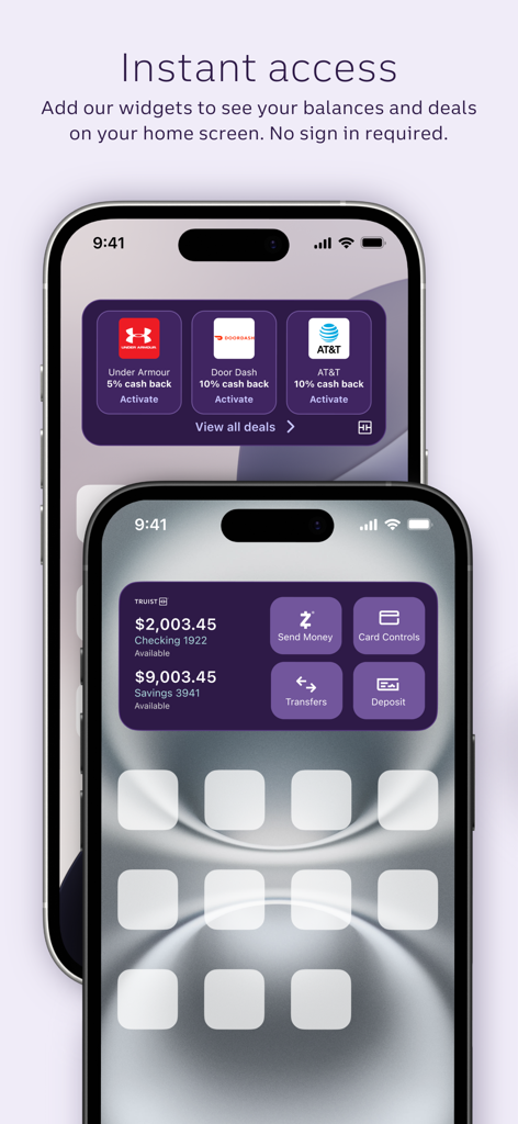 iPhone home screen showing Truist Mobile app widgets for account balances and cashback deals