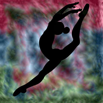 gymnast doing a leap in a leotard with a bent back leg