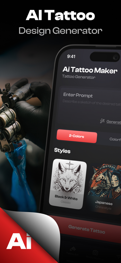 Tattoo AI: Design Generator - Interfaz de la aplicación Tattoo AI mostrando varios estilos de diseño y un campo de entrada de indicaciones de IA