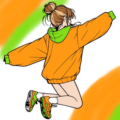 realistic girl jumping with a bun and oversized sweatshirt