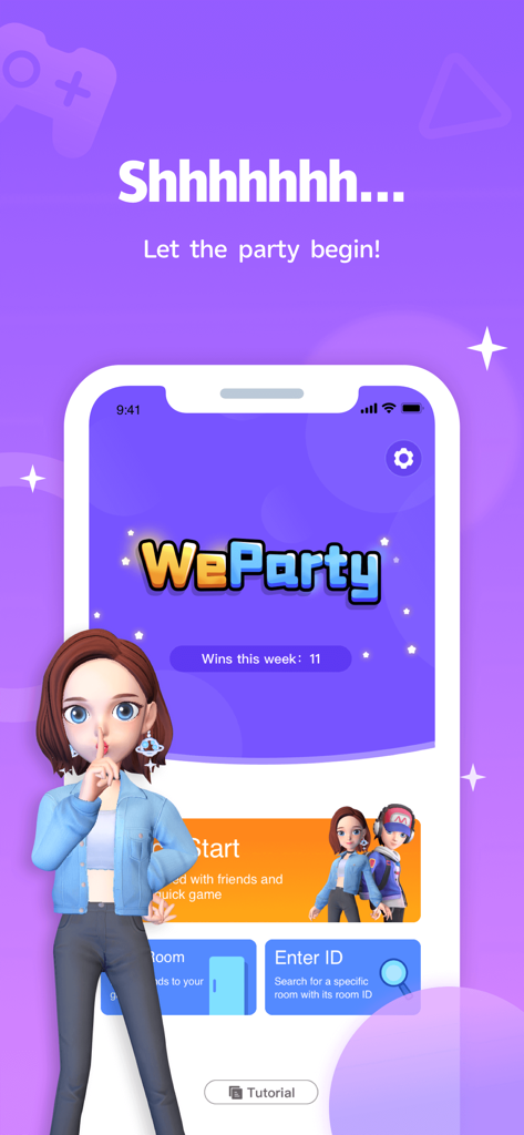 WeParty - Voice Party Gaming - Home screen of WeParty app featuring a 3D character making a shushing gesture and game start options