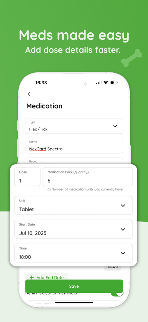 That Pet App - Health Tracker - Uma interface móvel para adicionar detalhes de medicação para pets, incluindo dose e horário no That Pet App