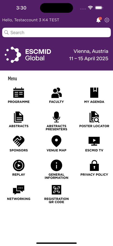 Menu principal do painel do aplicativo da conferência médica ESCMID 2025 com ícones para programa científico, resumos e networking.
