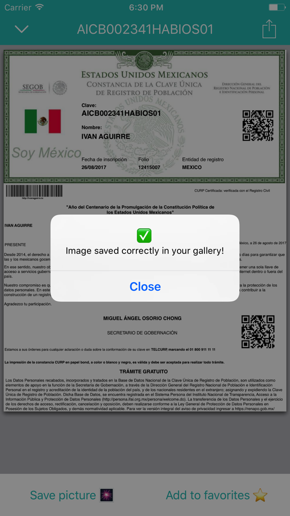 CurpBot - Download your CURP - CurpBot app displaying a Mexican CURP identity document with a success message for saving to the gallery