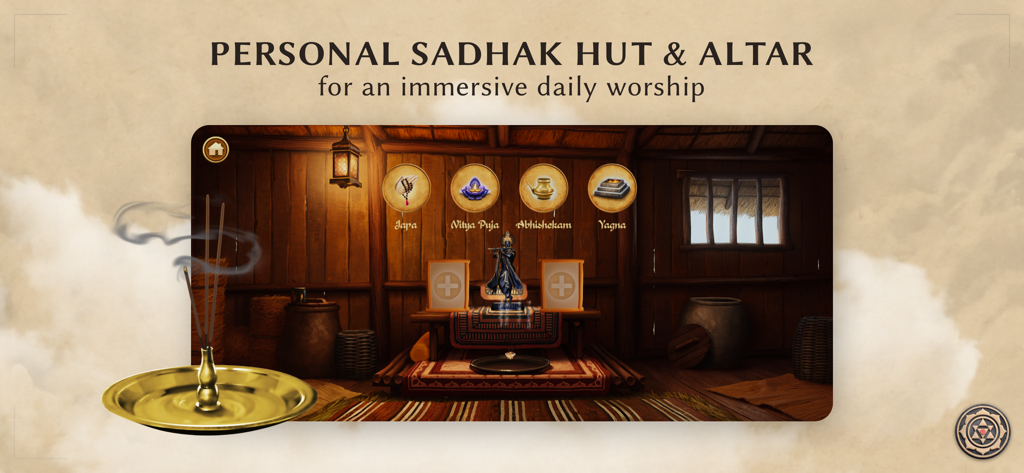 Sadhana: Mantra & Puja - Cabaña personal de sadhak y altar para adoración diaria inmersiva en la aplicación Sadhana