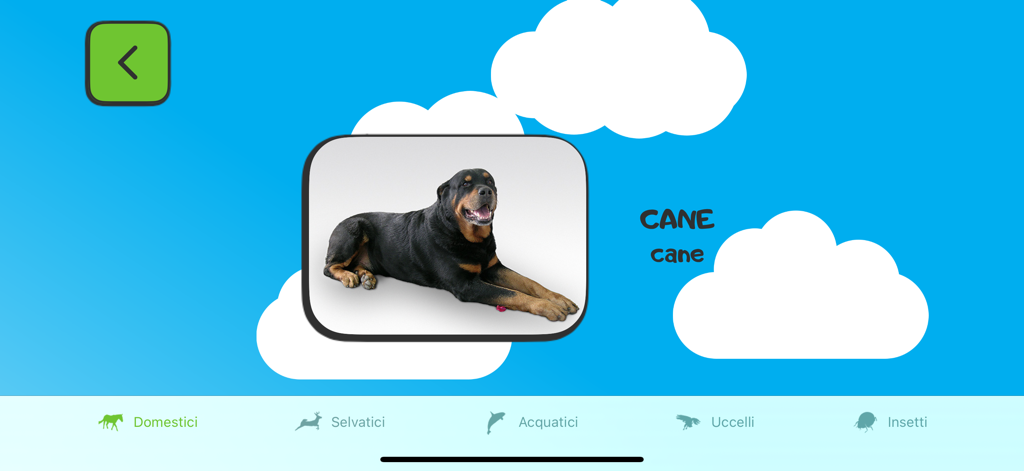 ABC for kids (IT) - Educational screen from ABC for Kids app showing a dog and the Italian word cane for language learning