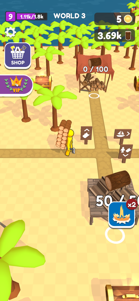 Craft Island - Un personnage jaune transportant une grande pile de bûches sur une île tropicale dans le jeu Craft Island.