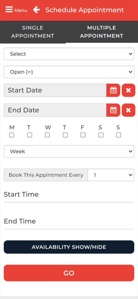 Tela do aplicativo Aries Sports Center para agendar vários compromissos com seleção de data e hora