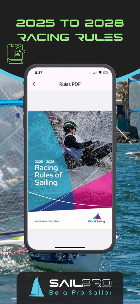SailPro 앱 화면, World Sailing 2025-2028 레이싱 규칙 문서 표시