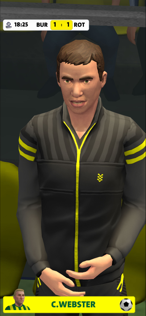 Football Club Management 2026 - Modelo de personaje 3D del entrenador C. Webster en el motor de partido de Football Club Management 2026.