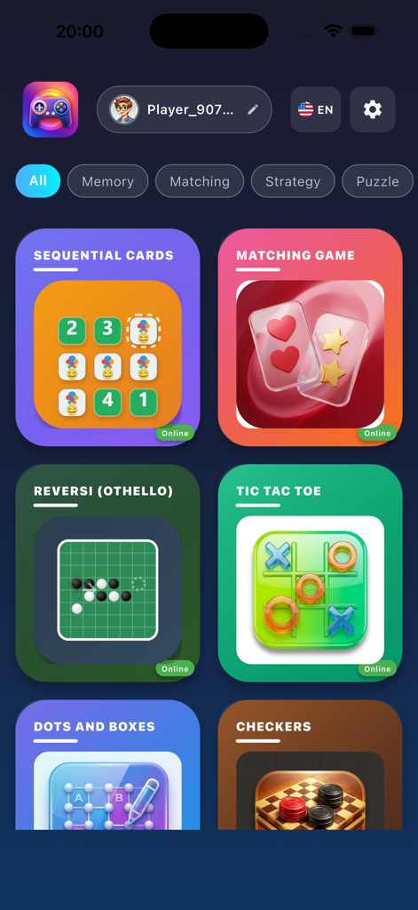 Multi Game Hub - The home screen of Multi Game Hub showing a variety of strategy and memory games like Tic Tac Toe and Checkers