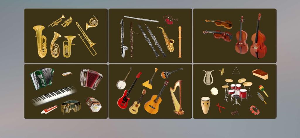 Music World + - A showcase of various musical instrument families including brass woodwinds strings and percussion