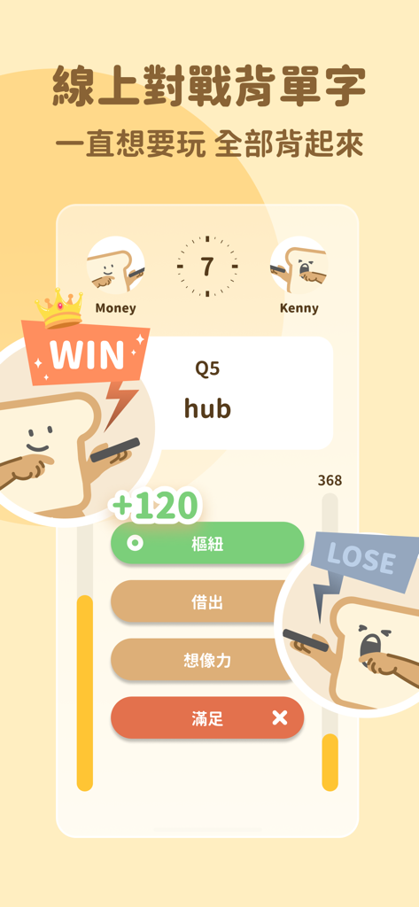 英文多益知識王－單字、多益、托福、英檢、雅思必備吐司 - トーストキャラクターと多肢選択肢を備えた、リアルタイムの競争英語語彙バトル画面