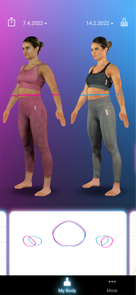 Bodygee - Side-by-side 3D body scan comparison in the Bodygee app showing physical transformation